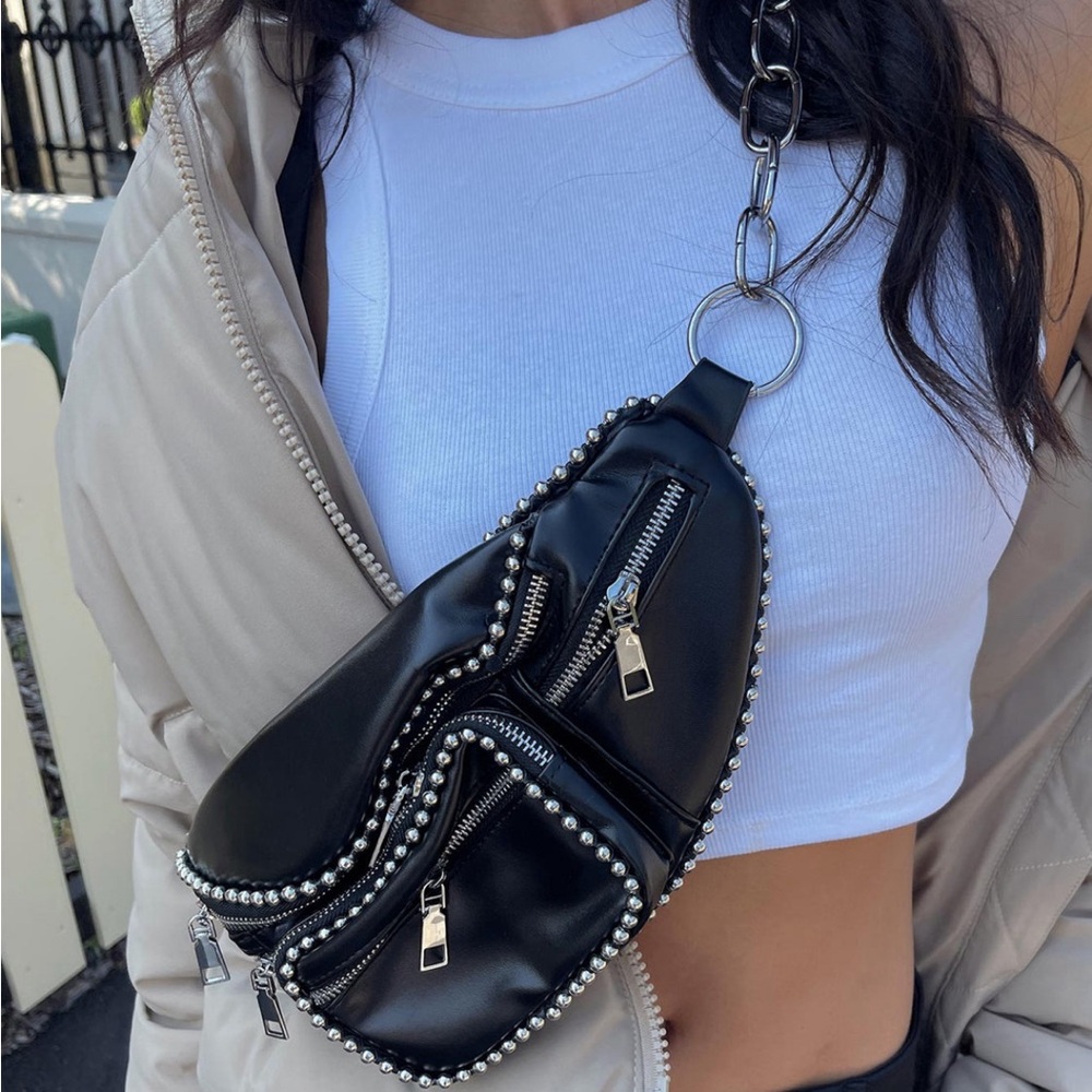 Princess Polly - Black Leather Studded Crossbody Belt Bag (LIKE NEW)
